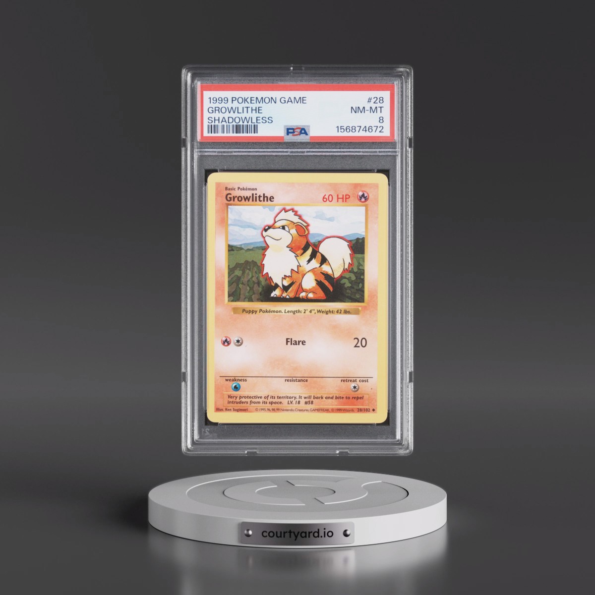 1999 Pokémon Game #28 Growlithe - Shadowless (PSA 8 NM-MT)