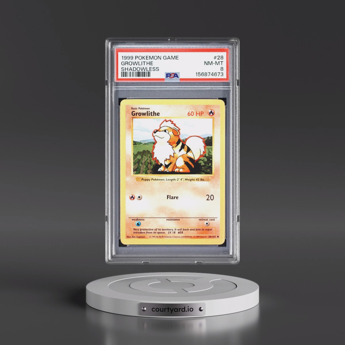 1999 Pokémon Game #28 Growlithe - Shadowless (PSA 8 NM-MT)