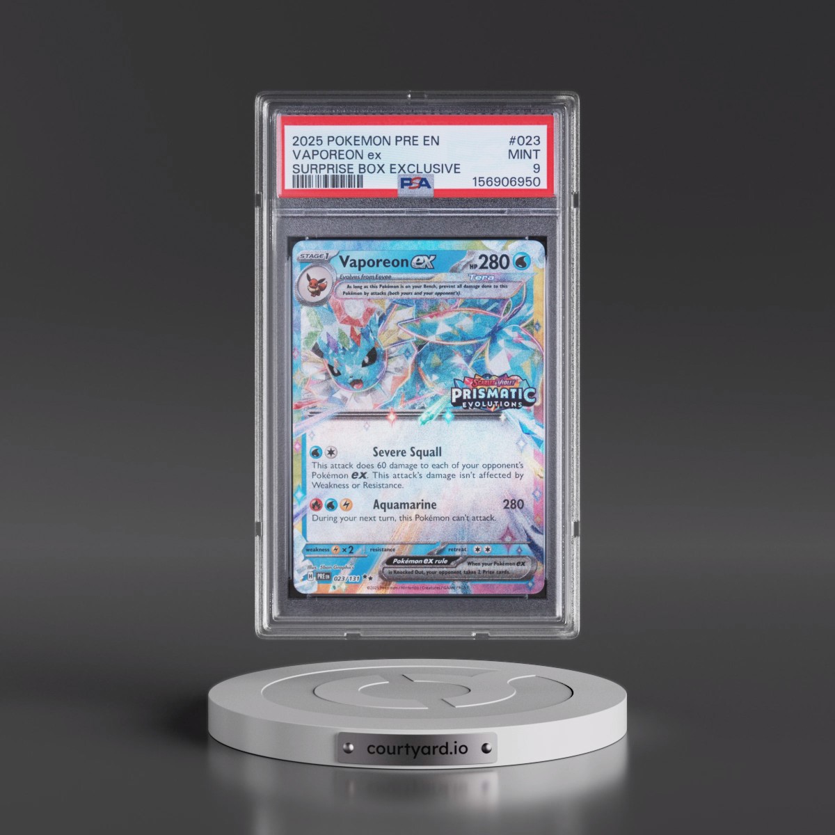 2025 Pokémon Pre EN-Prismatic Evolutions #023 Vaporeon EX - Holo Surprise Box Exclusive (PSA 9 MINT)