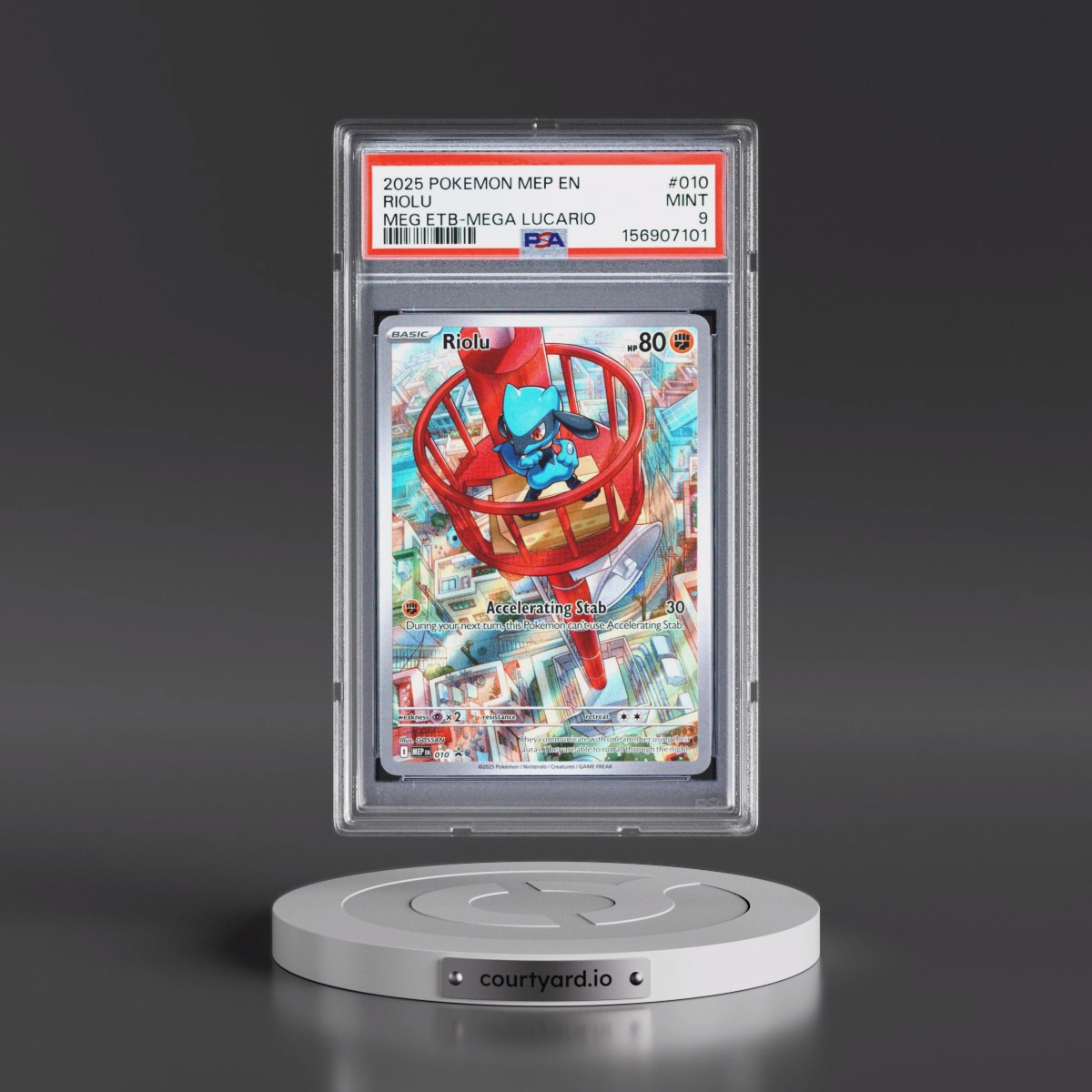 2025 Pokémon Mep EN-Me Black Star Promo #010 Riolu - Mega Evolution Elite Trainer Box-Mega Lucario (PSA 9 MINT)
