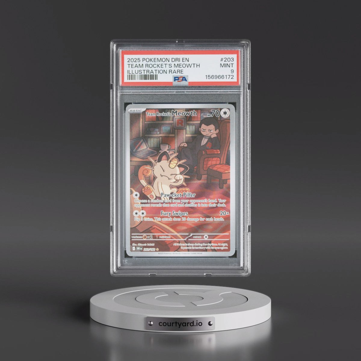 2025 Pokémon Dri EN-Destined Rivals #203 Team Rocket's Meowth - Illustration Rare (PSA 9 MINT)