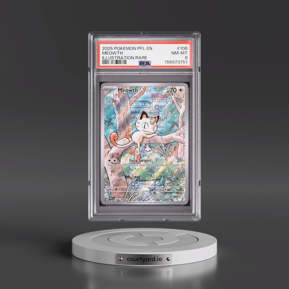 2025 Pokémon Pfl EN-Phantasmal Flames #106 Meowth - Illustration Rare (PSA 8 NM-MT)