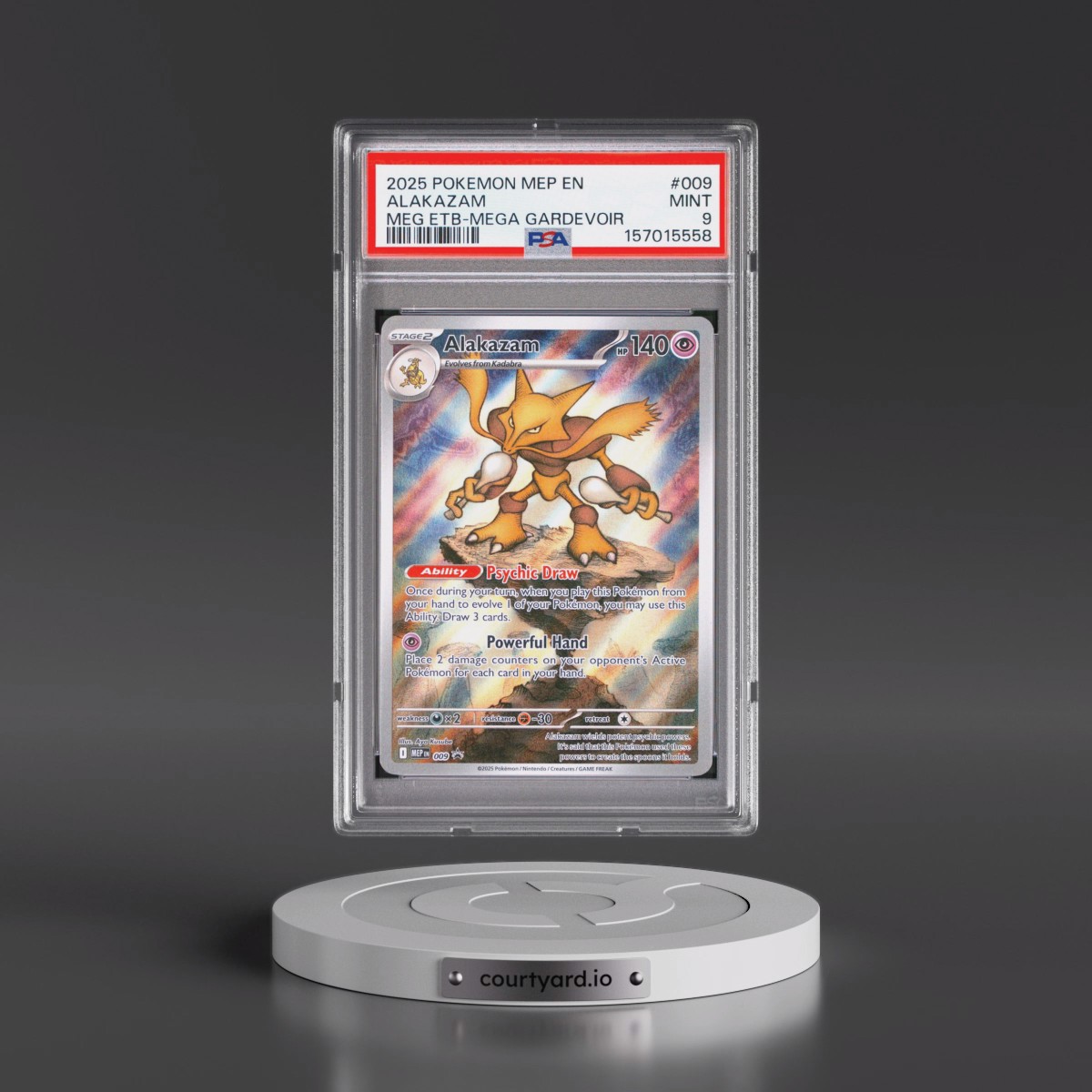 2025 Pokémon Mep EN-Me Black Star Promo #009 Alakazam - Mega Evolution Elite Trainer Box-Mega Gardevoir (PSA 9 MINT)