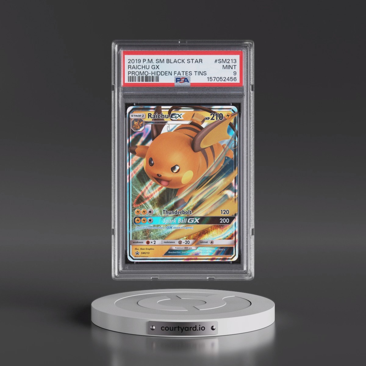 2019 Pokémon SM Black Star Promo #SM213 Raichu GX - Holo Hidden Fates Tins (PSA 9 MINT)