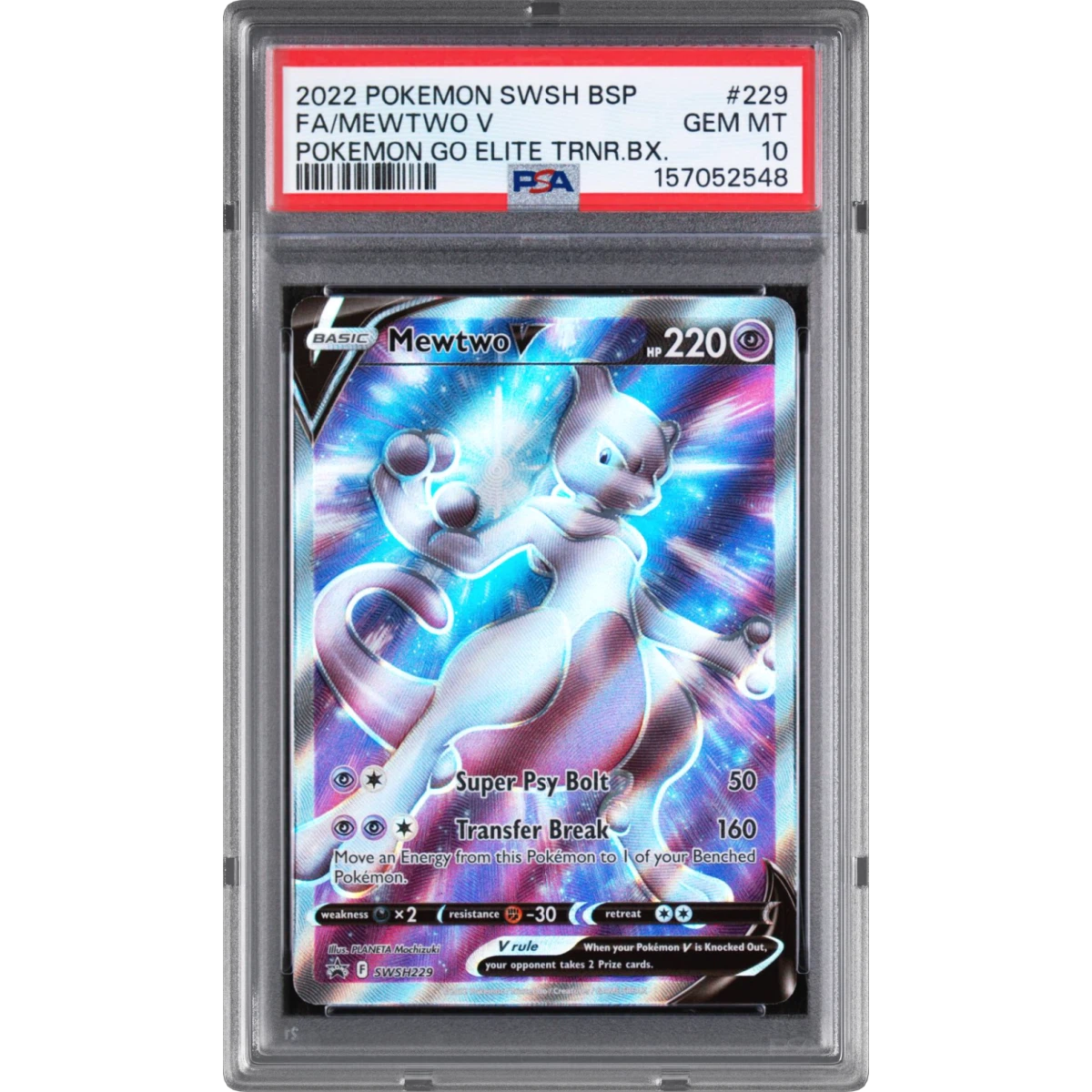 2022 Pokémon Swsh Black Star Promo #229 Mewtwo V - Holo Full Art Pokemon Go Elite Trainer Box (PSA 10 GEM MINT)