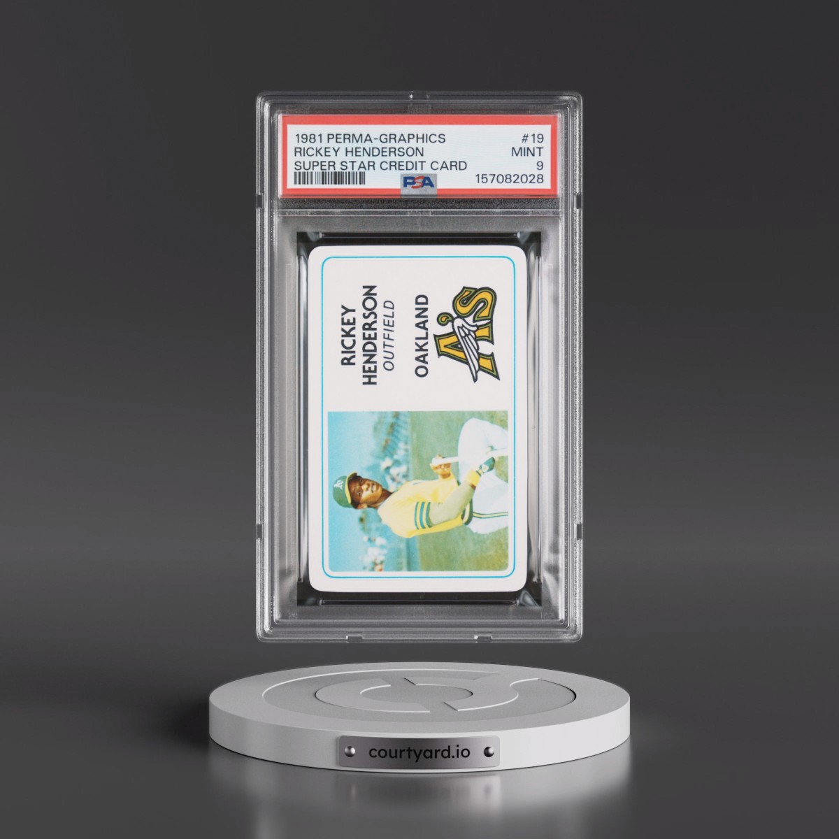 1981 Perma-Graphics Super Star Credit Card #19 Rickey Henderson (PSA 9 MINT)