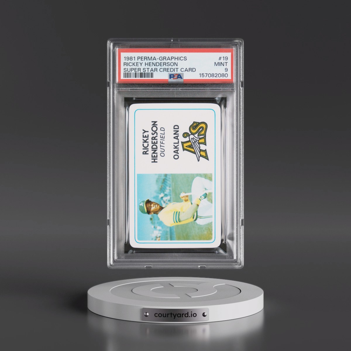 1981 Perma-Graphics Super Star Credit Card #19 Rickey Henderson (PSA 9 MINT)