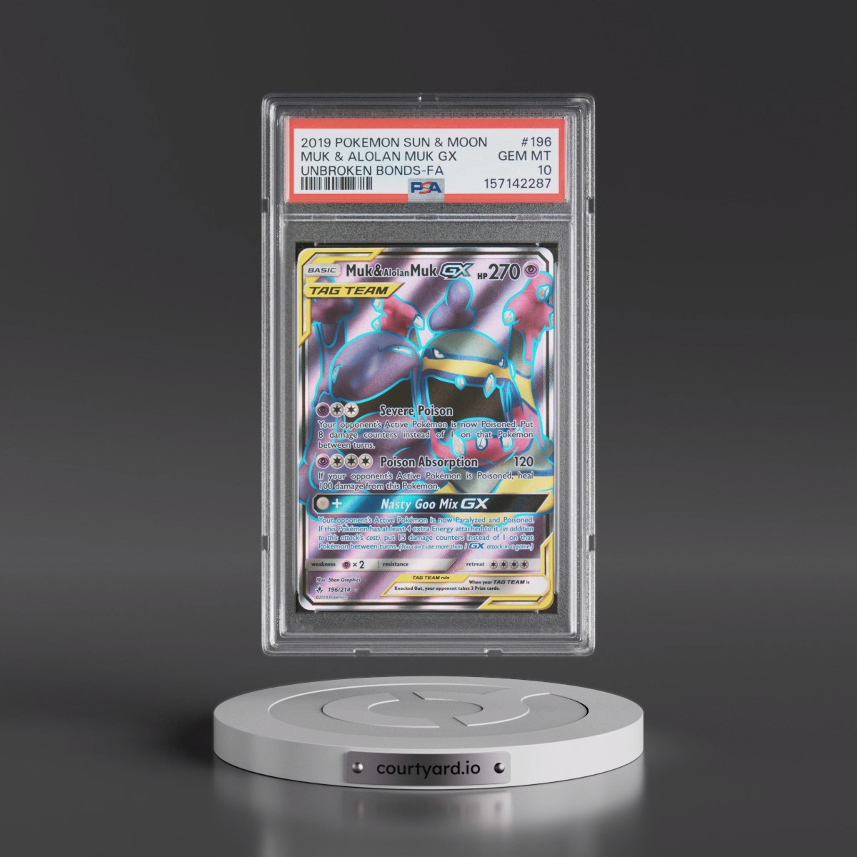 2019 Pokémon Sun & Moon Unbroken Bonds #196 Muk & Alolan Muk GX - Holo Full Art (PSA 10 GEM MINT)