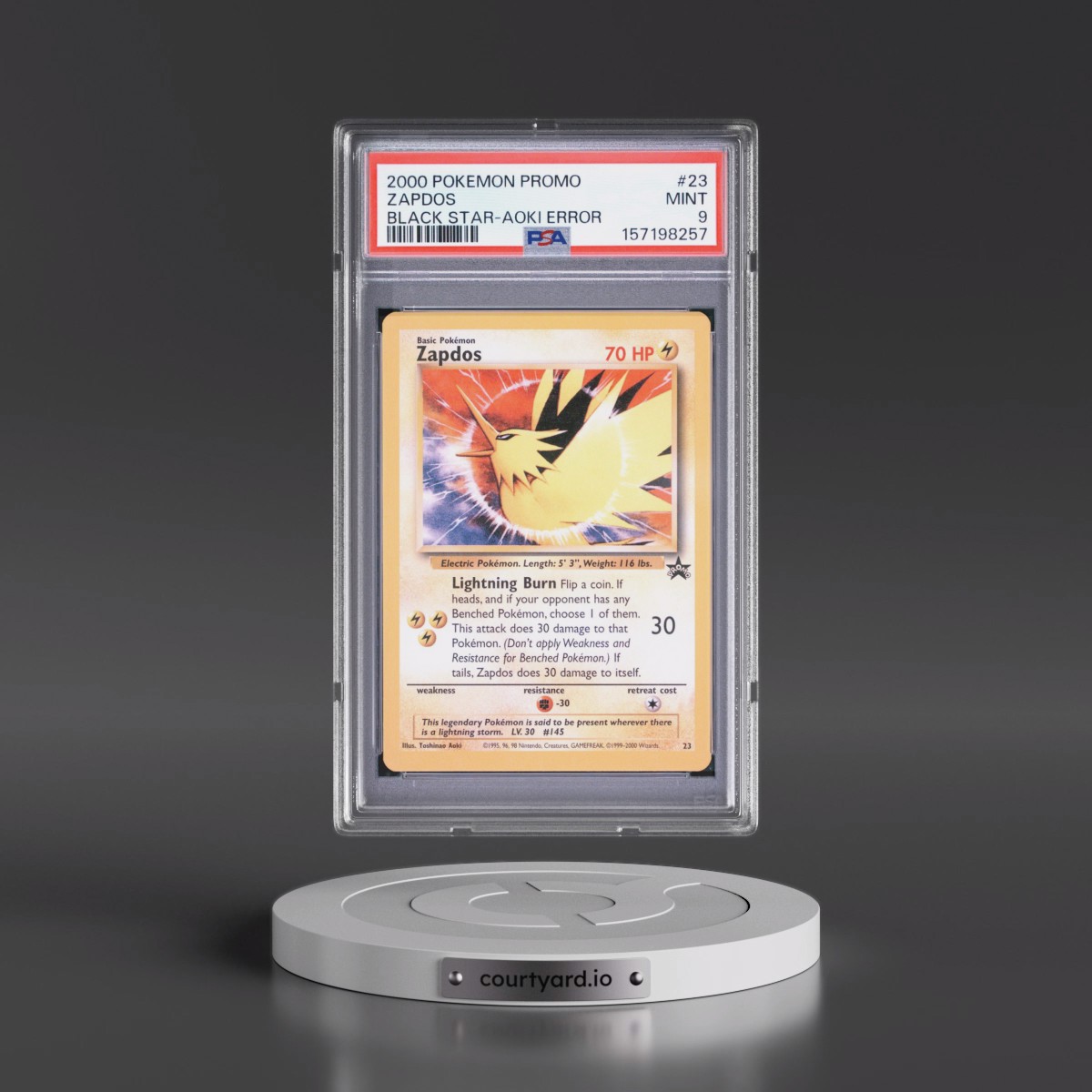2000 Pokémon Promo Black Star #23 Zapdos - Toshinao Aoki Error (PSA 9 MINT)
