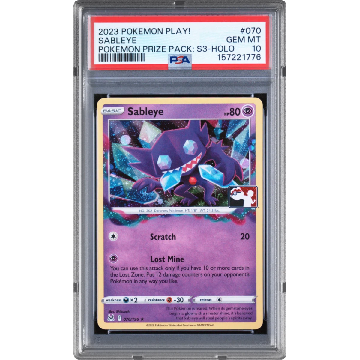 2023 Pokémon Play! Pokémon Prize Pack: Series 3 #070 Sableye - Holo (PSA 10 GEM MINT)
