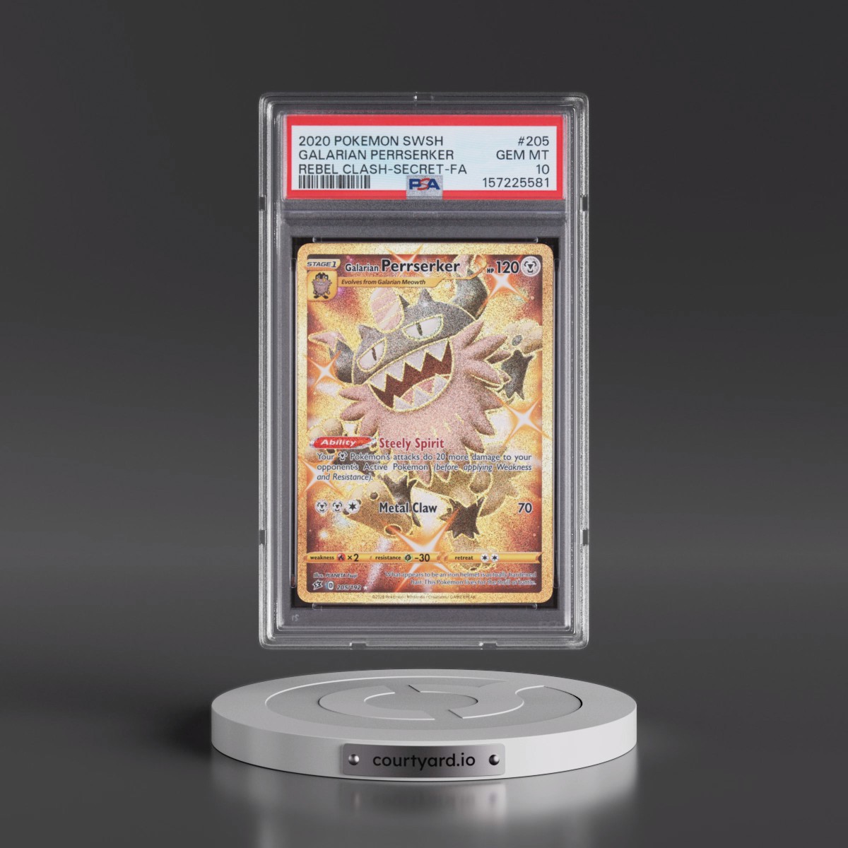 2020 Pokémon Sword & Shield Rebel Clash #205 Galarian Perrserker - Full Art Secret (PSA 10 GEM MINT)