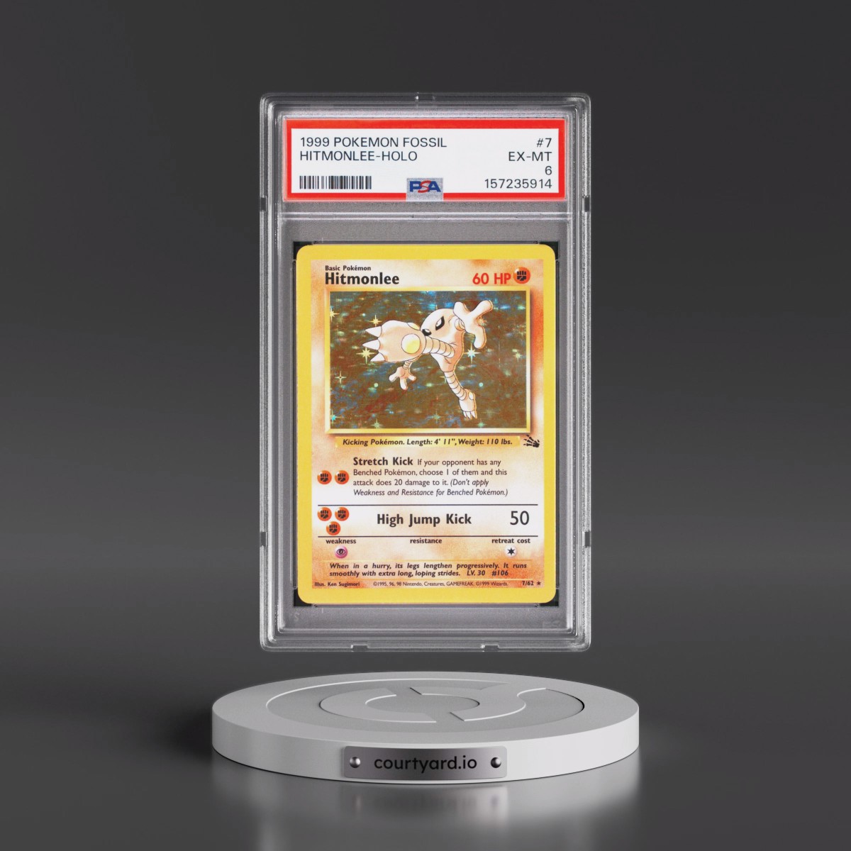 1999 Pokémon Fossil #7 Hitmonlee - Holo (PSA 6 EX-MT)