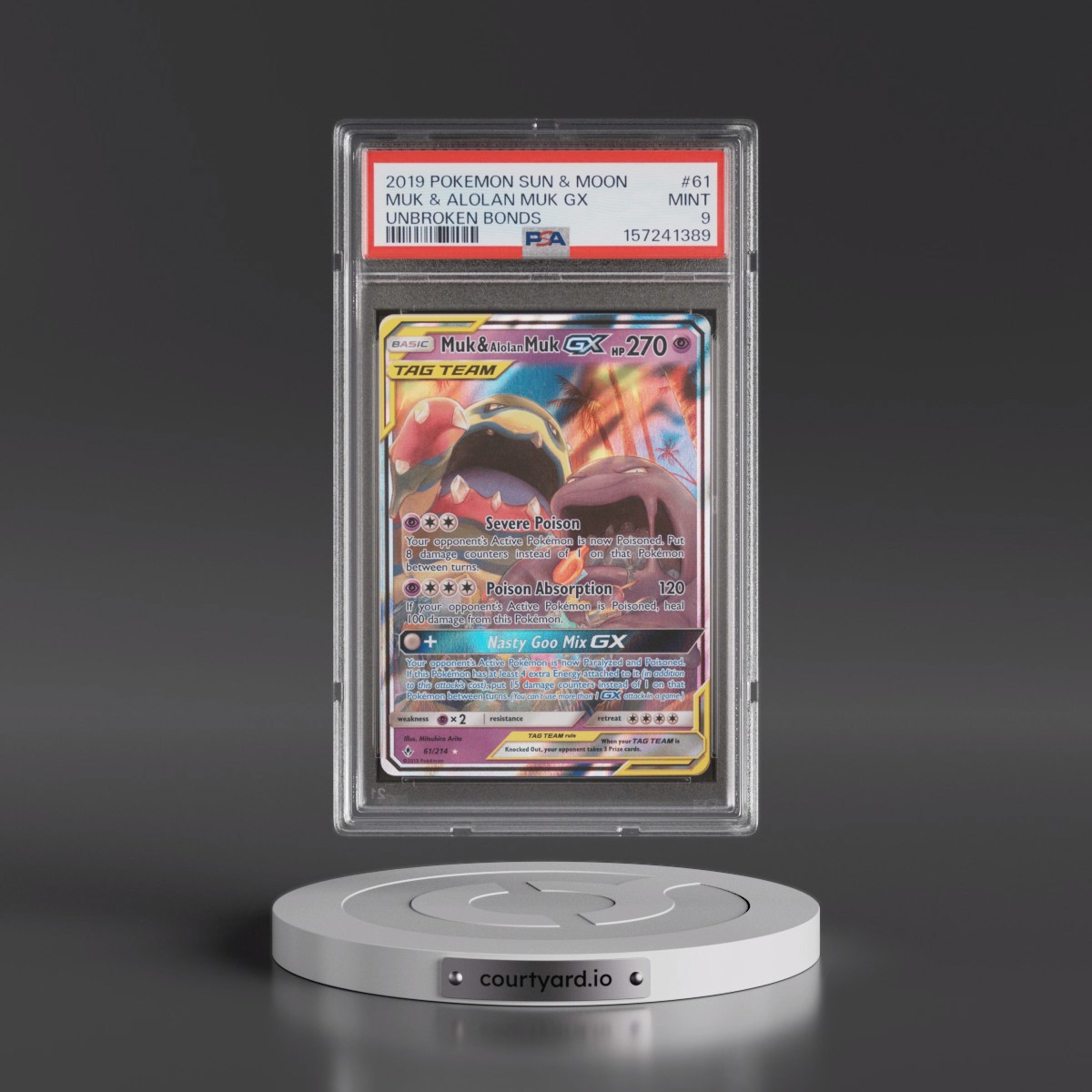 2019 Pokémon Sun & Moon Unbroken Bonds #61 Muk & Alolan Muk GX - Holo (PSA 9 MINT)