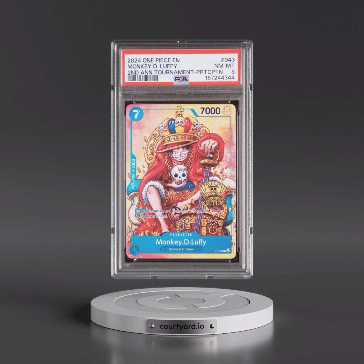 2024 One Piece Promos #043 Monkey D. Luffy - 2nd Anniversary Tournament-Participation (PSA 8 NM-MT)