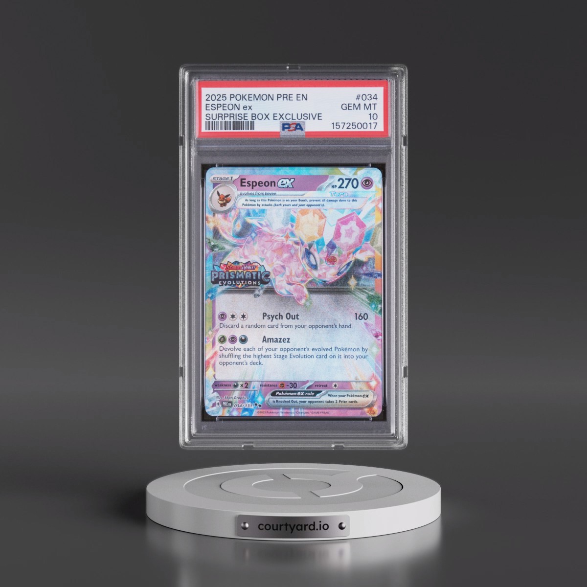 2025 Pokémon Pre EN-Prismatic Evolutions #034 Espeon EX - Holo Surprise Box Exclusive (PSA 10 GEM MINT)