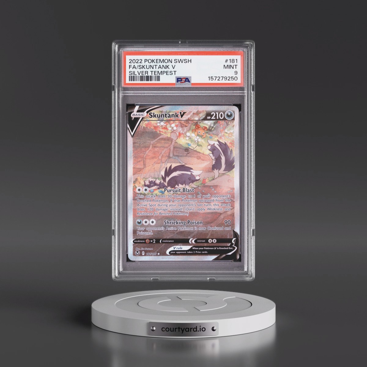 2022 Pokémon Sword & Shield Silver Tempest #181 Skuntank V - Holo Full Art (PSA 9 MINT)