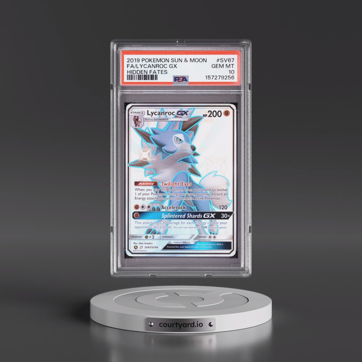 2019 Pokémon Sun & Moon Hidden Fates #SV67 Lycanroc GX - Holo Full Art (PSA 10 GEM MINT)
