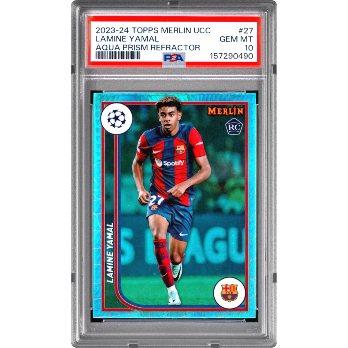 2023-24 Topps Merlin UEFA Club Competitions #27 Lamine Yamal - Aqua Prism Refractor (PSA 10 GEM MINT)