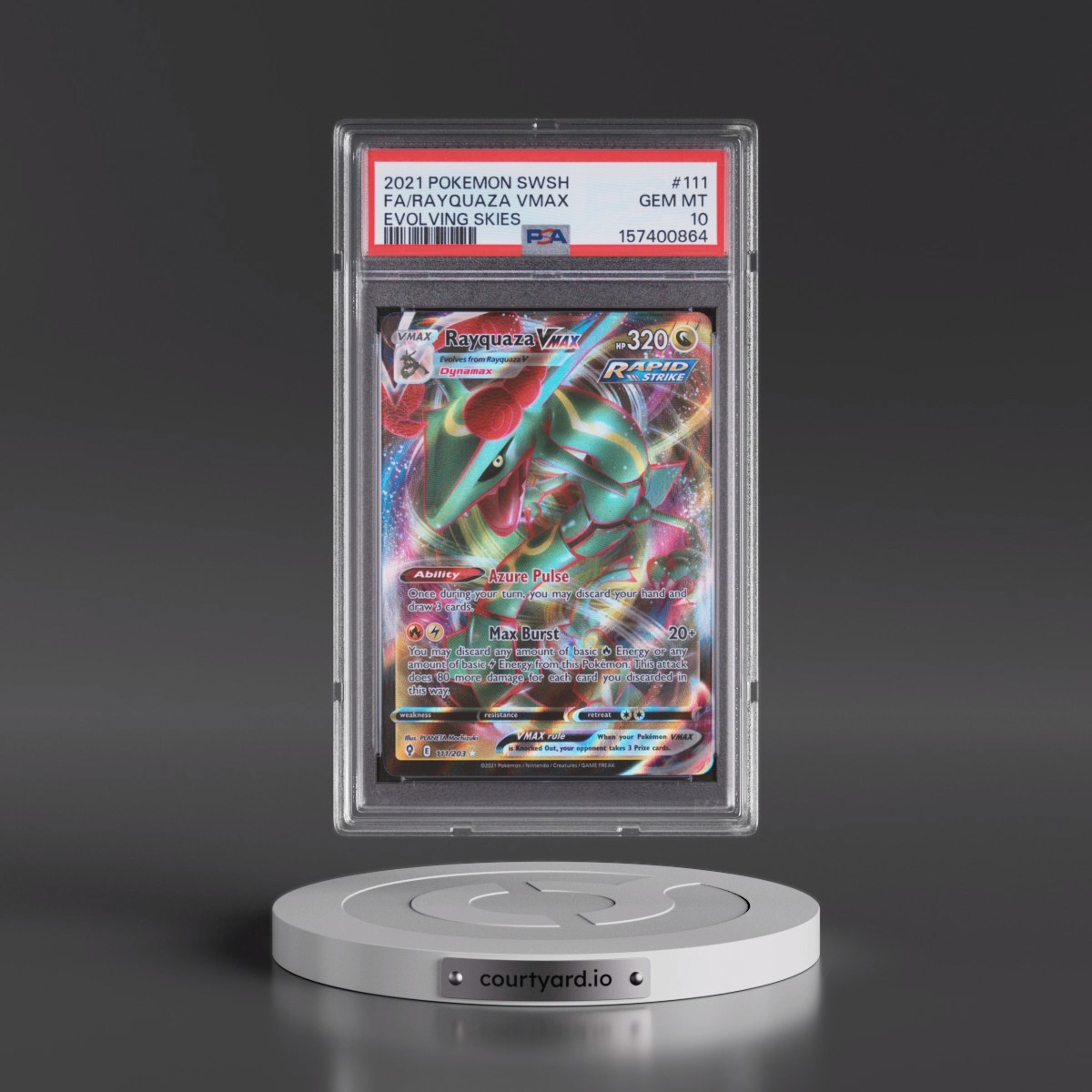 2021 Pokémon Sword & Shield Evolving Skies #111 Rayquaza Vmax - Full Art (PSA 10 GEM MINT)