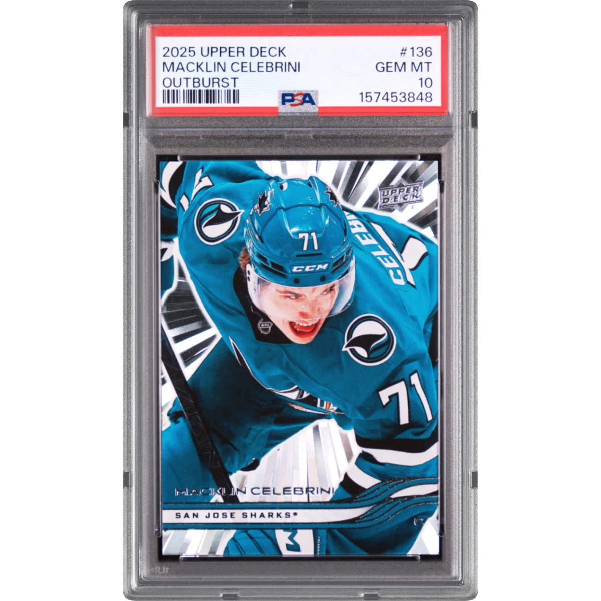 2025 Upper Deck #136 Macklin Celebrini - Outburst (PSA 10 GEM MINT)