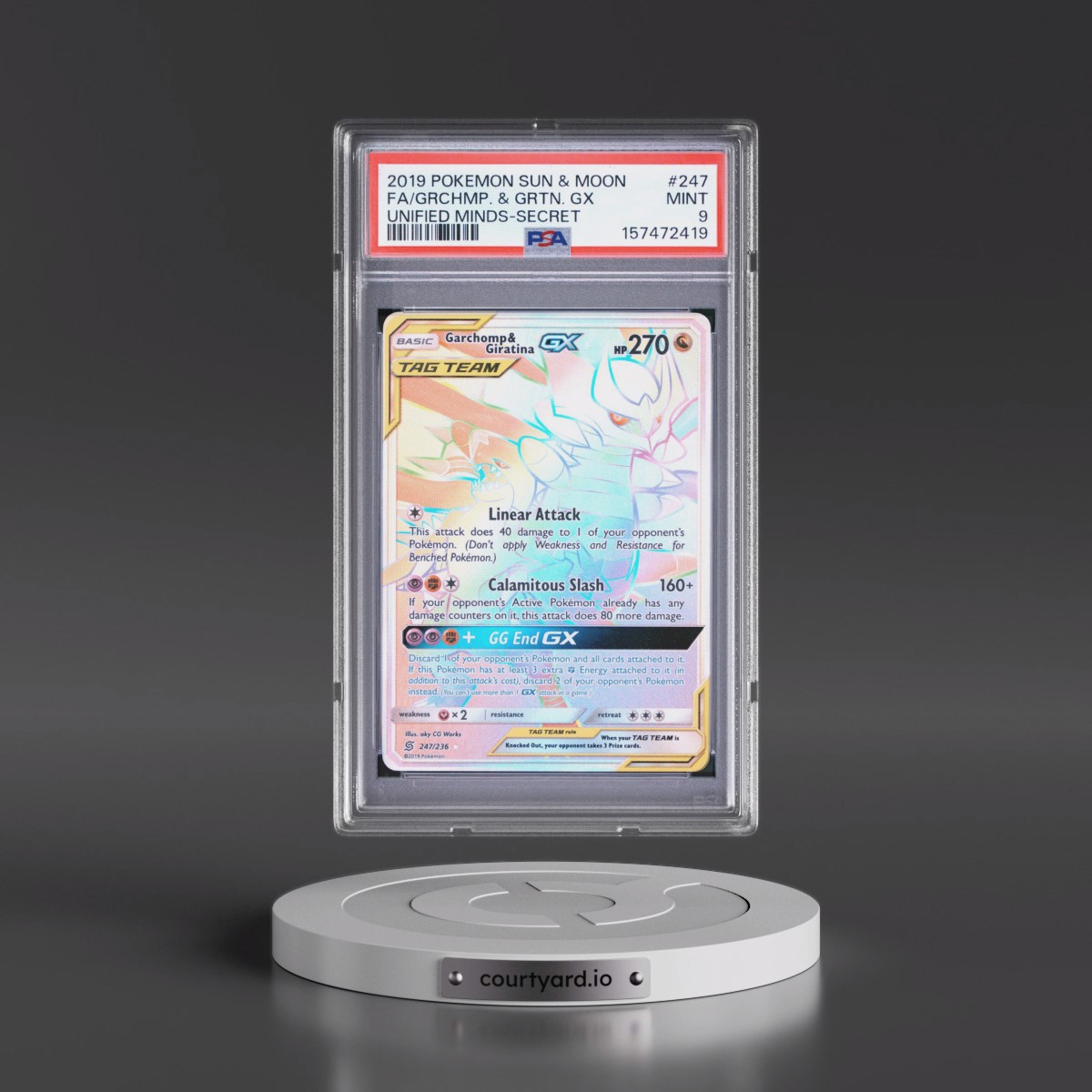 2019 Pokémon Sun & Moon Unified Minds #247 Garchomp & Giratina GX - Holo Full Art Secret (PSA 9 MINT)