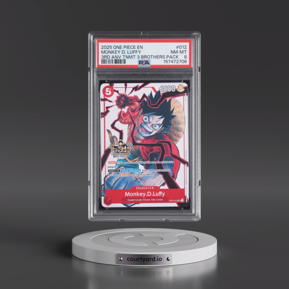2025 One Piece 3rd Anniversary Tournament 3 Brothers Pack #012 Monkey D. Luffy (PSA 8 NM-MT)