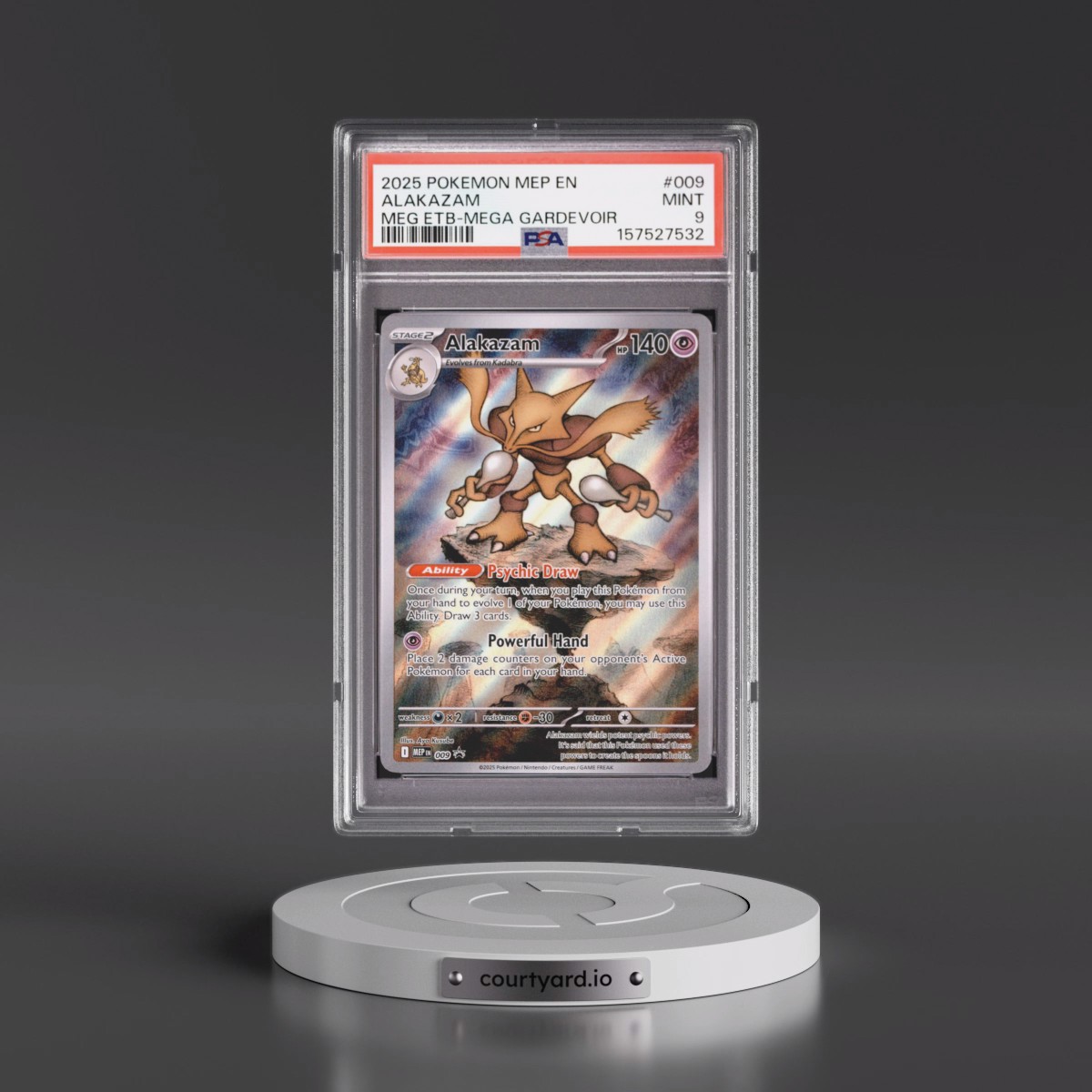 2025 Pokémon Mep EN-Me Black Star Promo #009 Alakazam - Mega Evolution Elite Trainer Box-Mega Gardevoir (PSA 9 MINT)