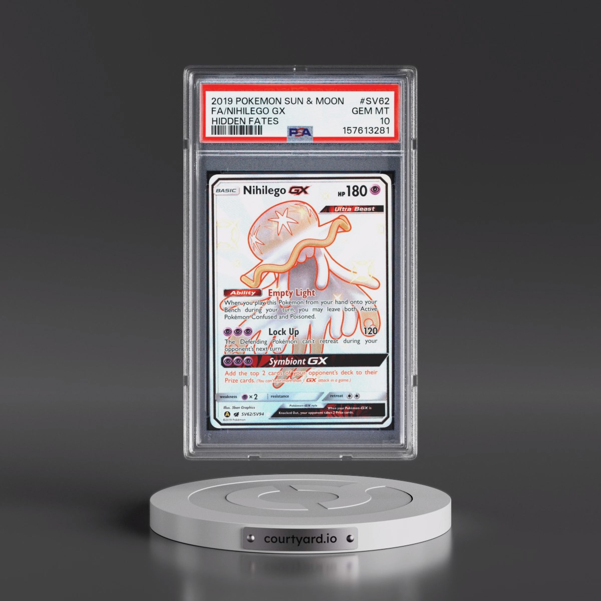 2019 Pokémon Sun & Moon Hidden Fates #SV62 Nihilego GX - Holo Full Art (PSA 10 GEM MINT)