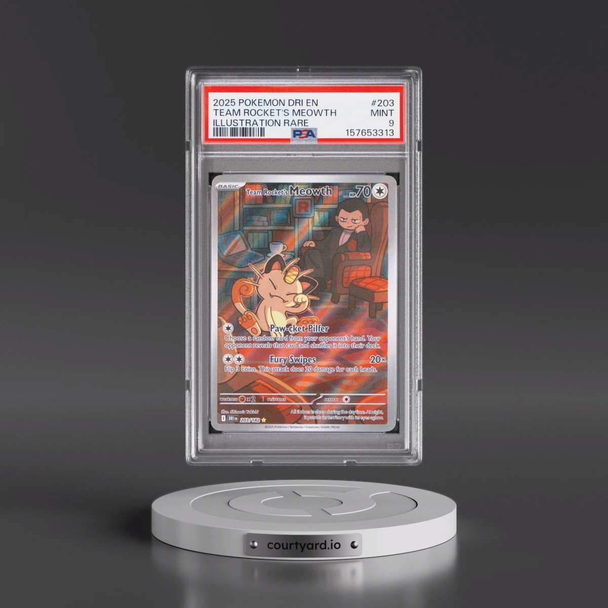 2025 Pokémon Dri EN-Destined Rivals #203 Team Rocket's Meowth - Illustration Rare (PSA 9 MINT)