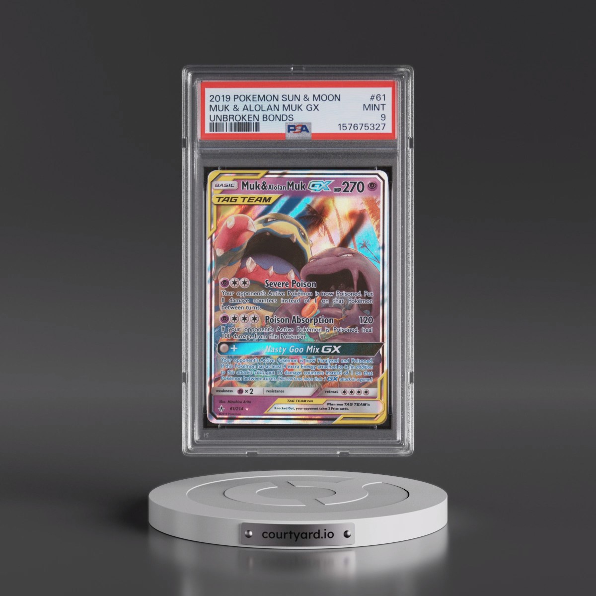 2019 Pokémon Sun & Moon Unbroken Bonds #61 Muk & Alolan Muk GX - Holo (PSA 9 MINT)