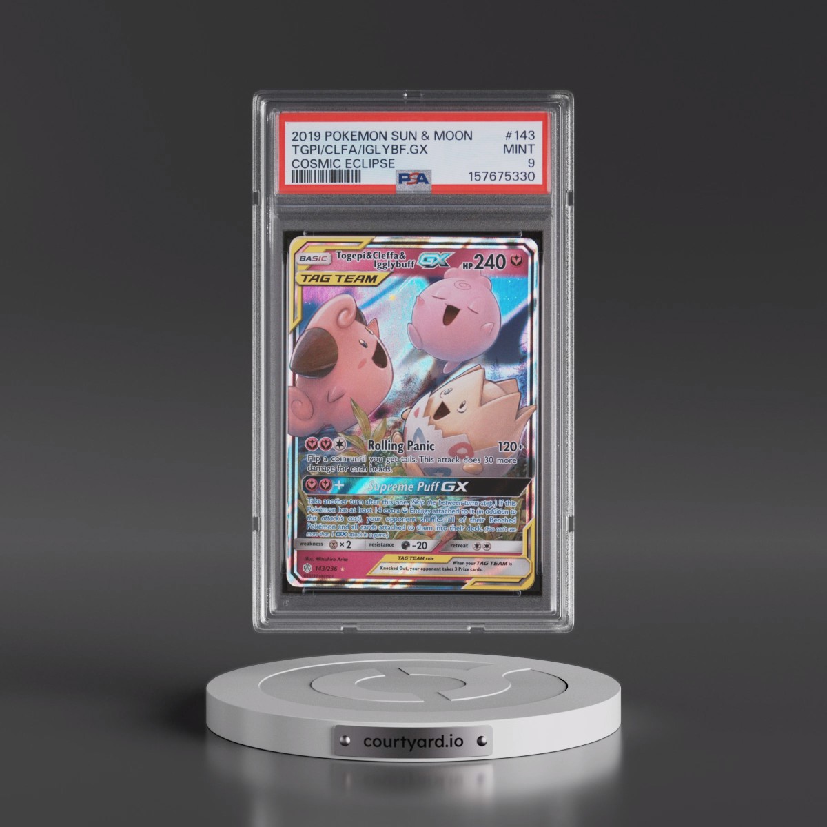 2019 Pokémon Sun & Moon Cosmic Eclipse #143 Togepi & Cleffa & Igglybuff GX - Holo (PSA 9 MINT)