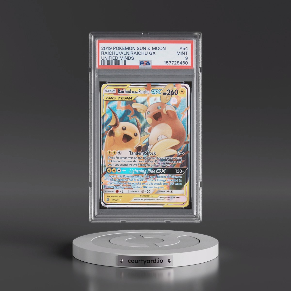 2019 Pokémon Sun & Moon Unified Minds #54 Raichu & Alolan Raichu GX - Holo (PSA 9 MINT)