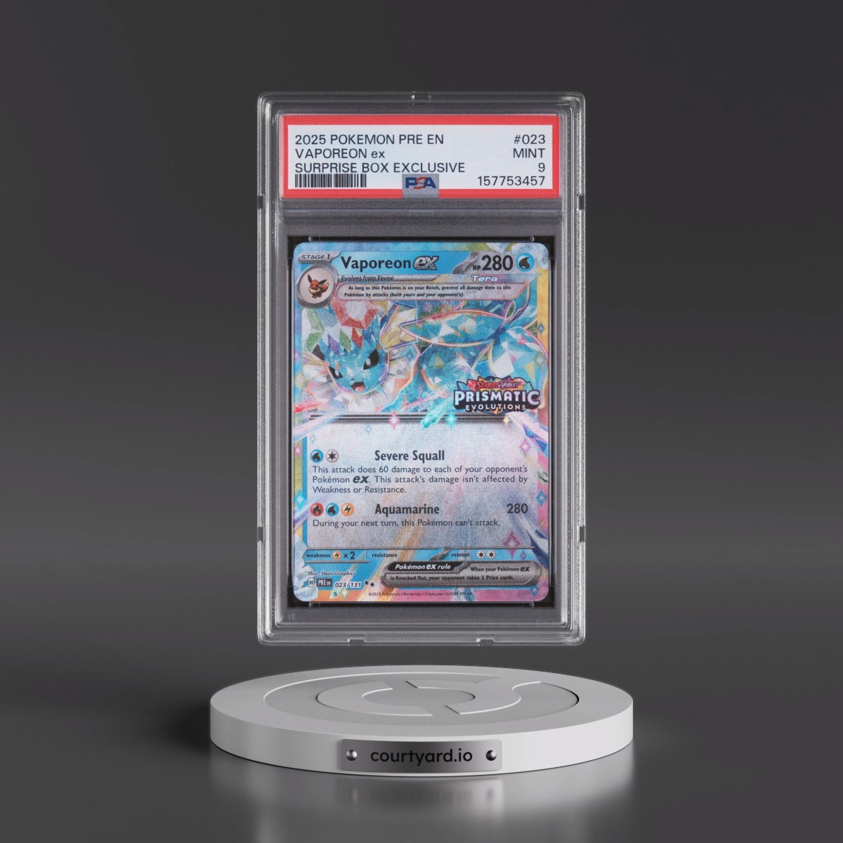 2025 Pokémon Pre EN-Prismatic Evolutions #023 Vaporeon EX - Holo Surprise Box Exclusive (PSA 9 MINT)