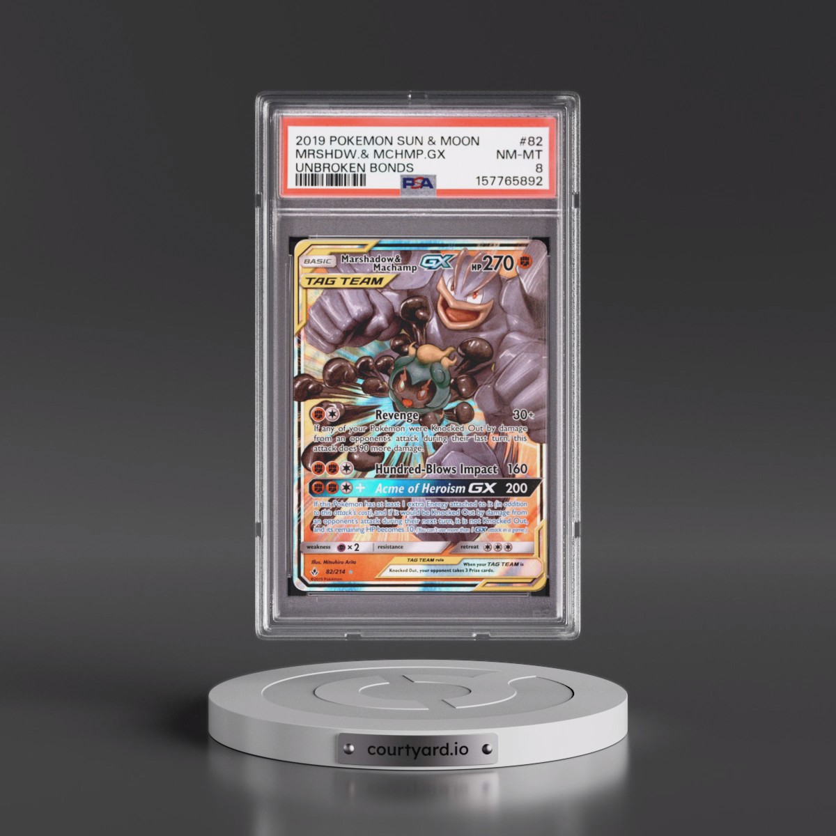 2019 Pokémon Sun & Moon Unbroken Bonds #82 Marshadow & Machamp GX - Holo (PSA 8 NM-MT)