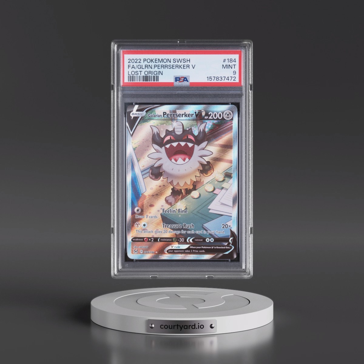 2022 Pokémon Sword & Shield Lost Origin #184 Galarian Perrserker V - Holo Full Art (PSA 9 MINT)