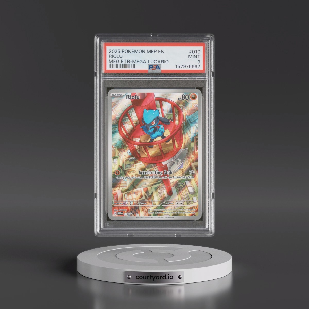 2025 Pokémon Mep EN-Me Black Star Promo #010 Riolu - Mega Evolution Elite Trainer Box-Mega Lucario (PSA 9 MINT)