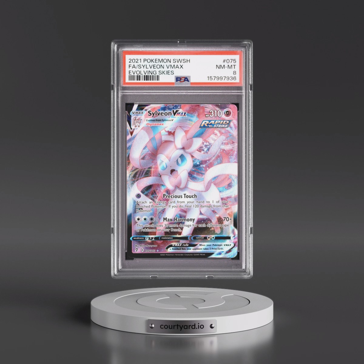 2021 Pokémon Sword & Shield Evolving Skies #075 Sylveon Vmax - Full Art (PSA 8 NM-MT)