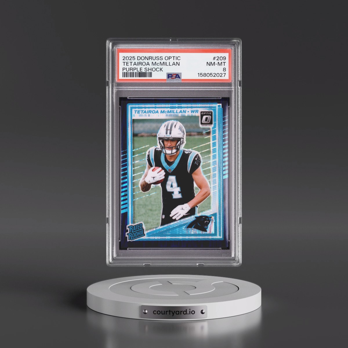 2025 Panini Donruss Optic #209 Tetairoa Mcmillan - Purple Shock (PSA 8 NM-MT)