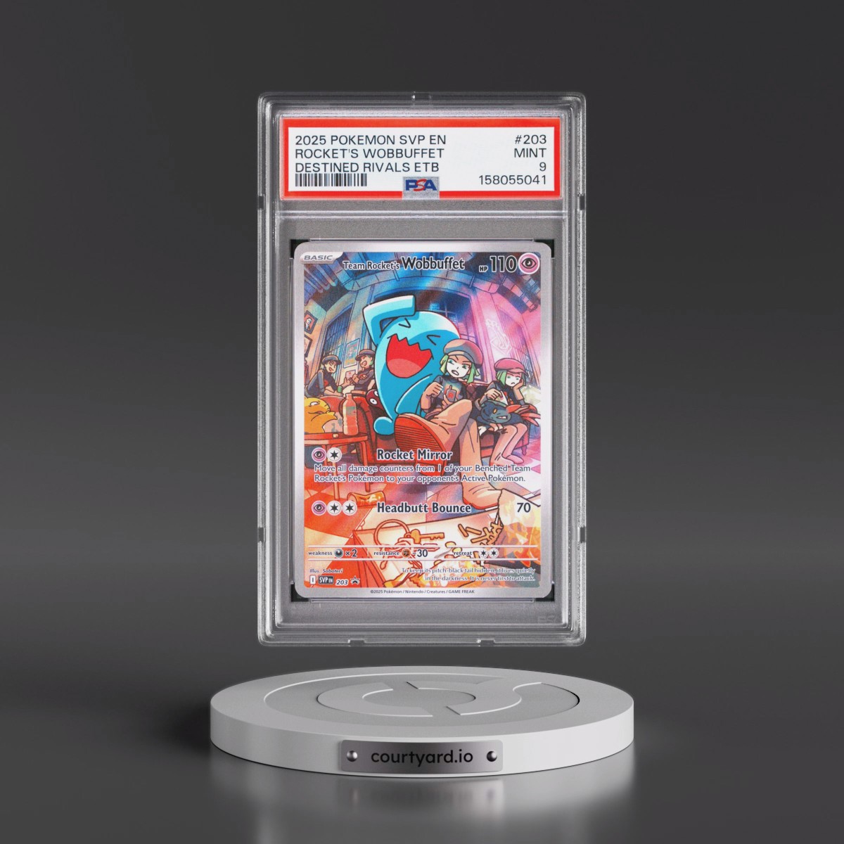 2025 Pokémon Svp EN-SV Black Star Promo #203 Team Rocket's Wobbuffet - Destined Rivals Elite Trainer Box (PSA 9 MINT)