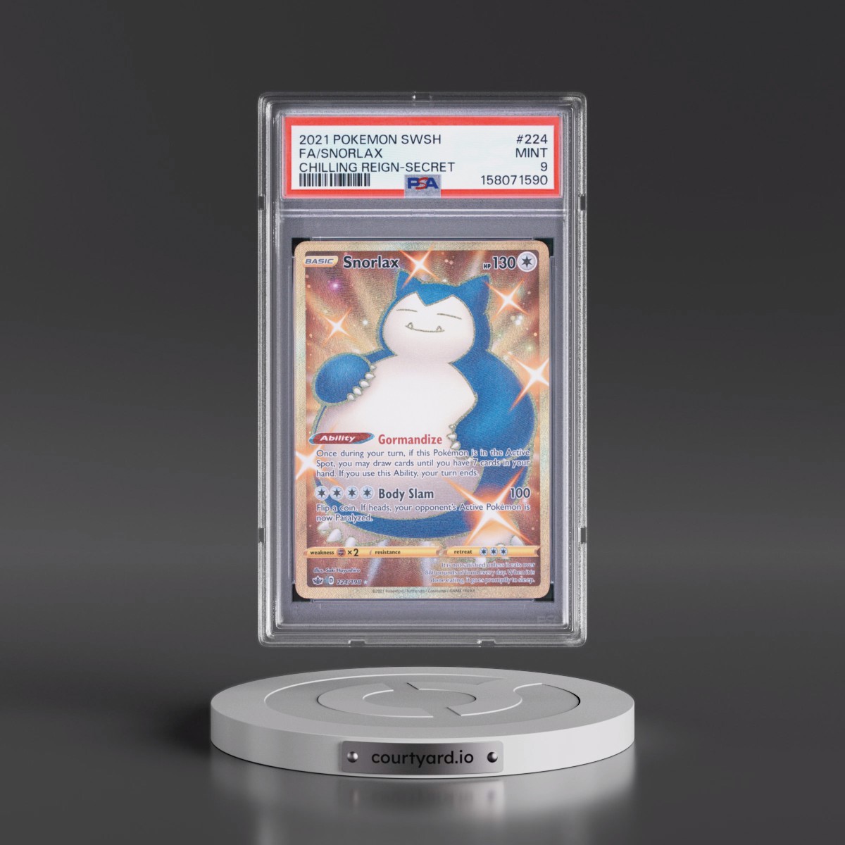 2021 Pokémon Sword & Shield Chilling Reign #224 Snorlax - Full Art Secret (PSA 9 MINT)