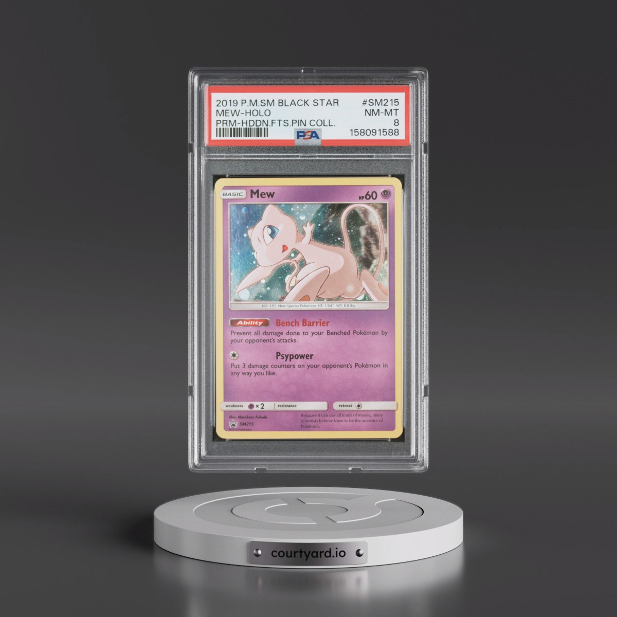 2019 Pokémon SM Black Star Promo #SM215 Mew - Holo Hidden Fates Pin Collection (PSA 8 NM-MT)