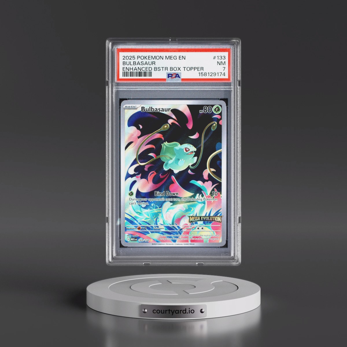 2025 Pokémon Meg EN-Mega Evolution #133 Bulbasaur - Enhanced Booster Box Topper (PSA 7 NM)