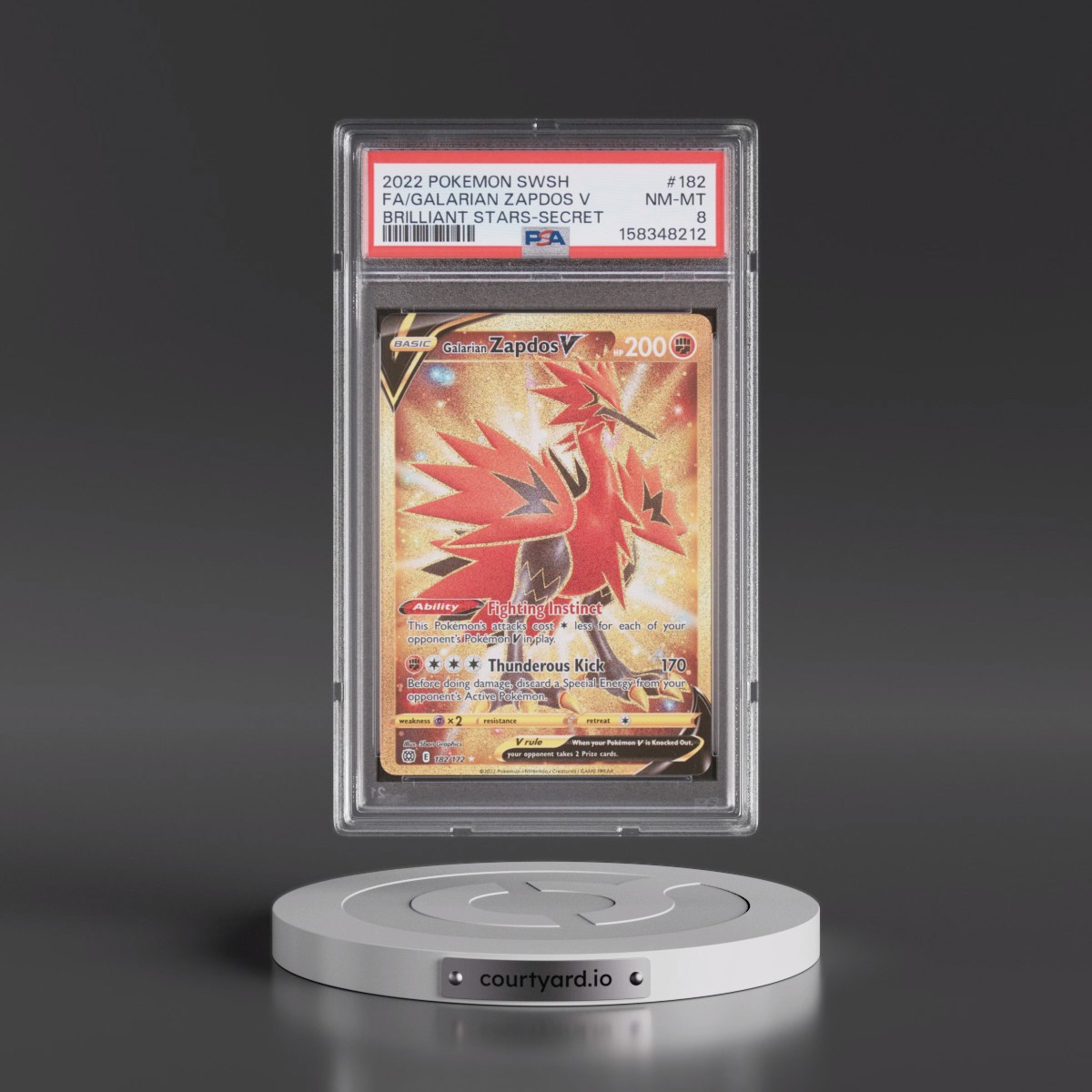 2022 Pokémon Sword & Shield Brilliant Stars #182 Galarian Zapdos V - Holo Full Art Secret (PSA 8 NM-MT)
