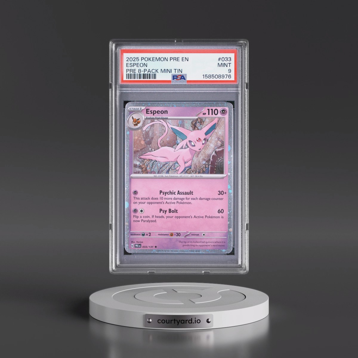 2025 Pokémon Pre EN-Prismatic Evolutions #033 Espeon - Prismatic Evolutions 8-Pack Mini Tin (PSA 9 MINT)