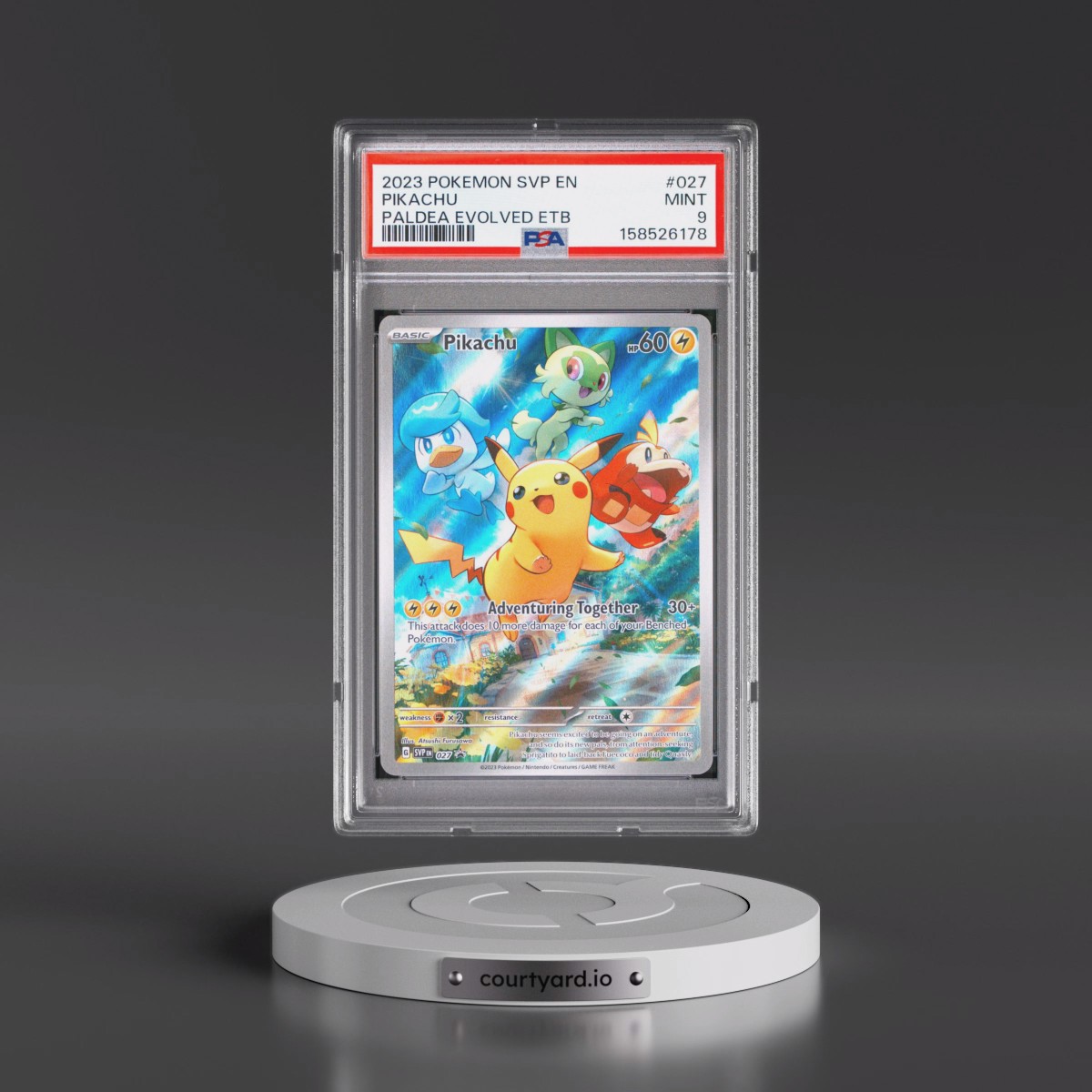 2023 Pokémon Svp EN-SV Black Star Promo #027 Pikachu - Paldea Evolved Elite Trainer Box (PSA 9 MINT)
