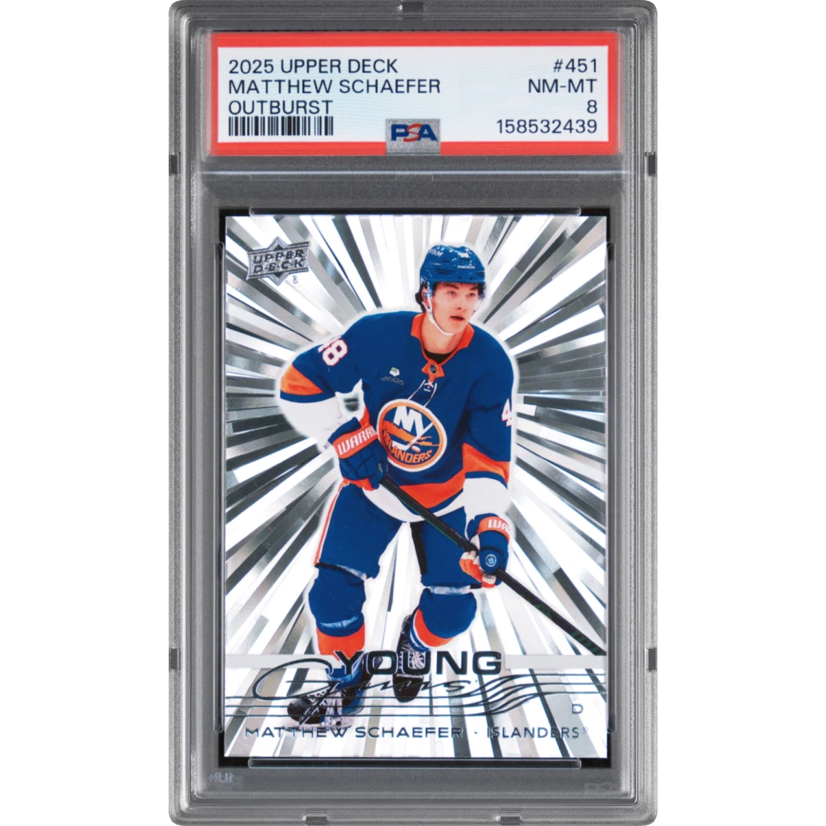 2025 Upper Deck #451 Matthew Schaefer - Outburst (PSA 8 NM-MT)