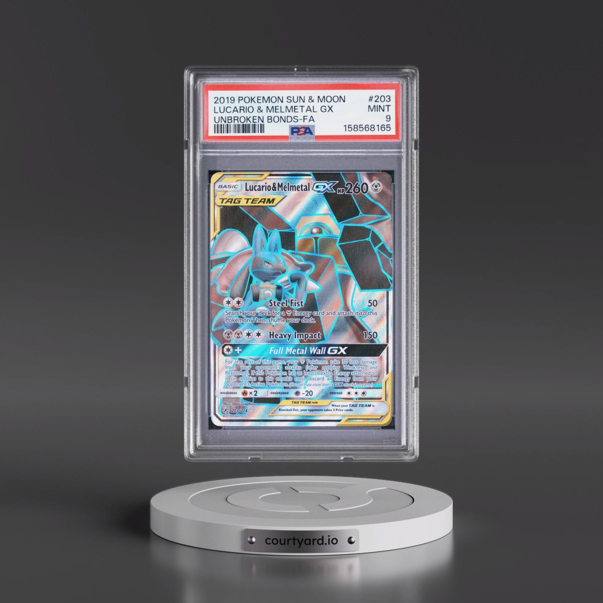 2019 Pokémon Sun & Moon Unbroken Bonds #203 Lucario & Melmetal GX - Holo Full Art (PSA 9 MINT)