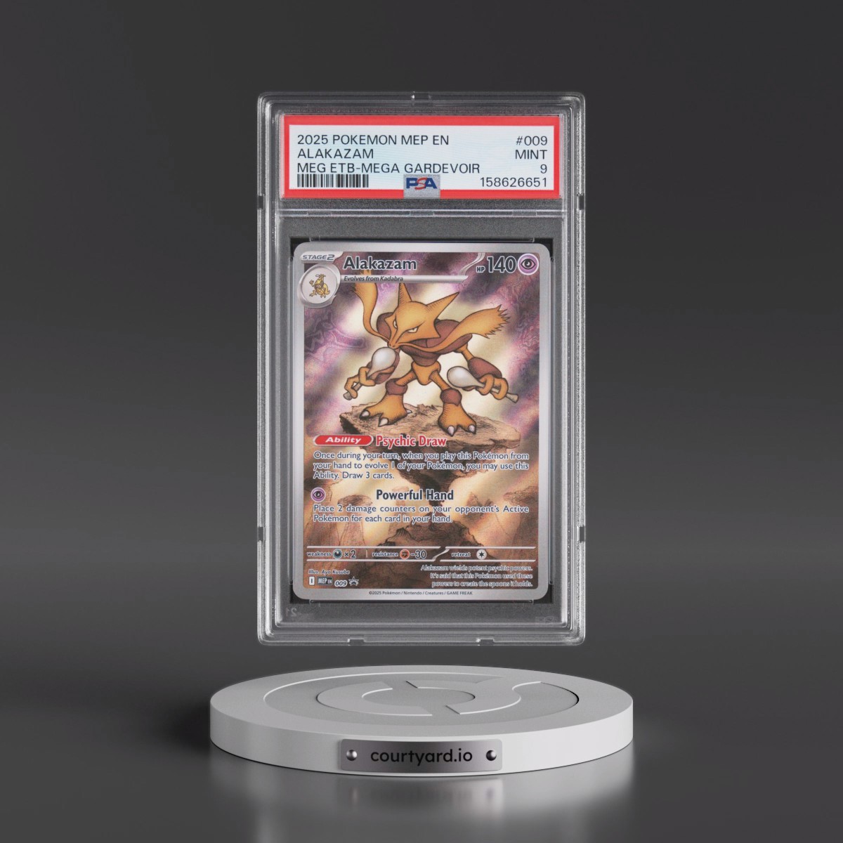 2025 Pokémon Mep EN-Me Black Star Promo #009 Alakazam - Mega Evolution Elite Trainer Box-Mega Gardevoir (PSA 9 MINT)