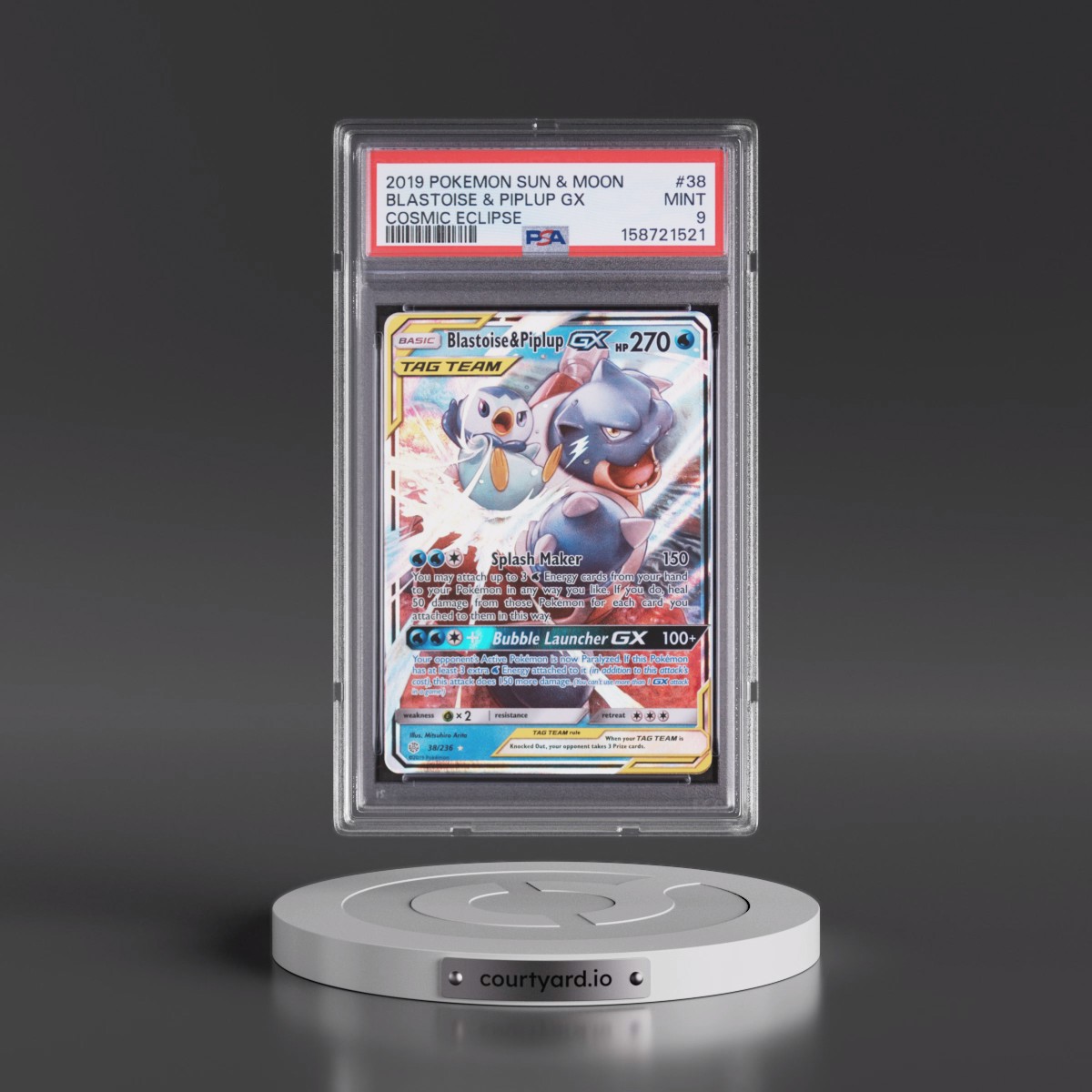 2019 Pokémon Sun & Moon Cosmic Eclipse #38 Blastoise & Piplup GX - Holo (PSA 9 MINT)