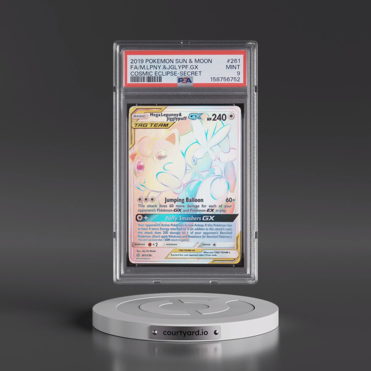 2019 Pokémon Sun & Moon Cosmic Eclipse #261 Mega-Lopunny & Jigglypuff GX - Holo Full Art Secret (PSA 9 MINT)